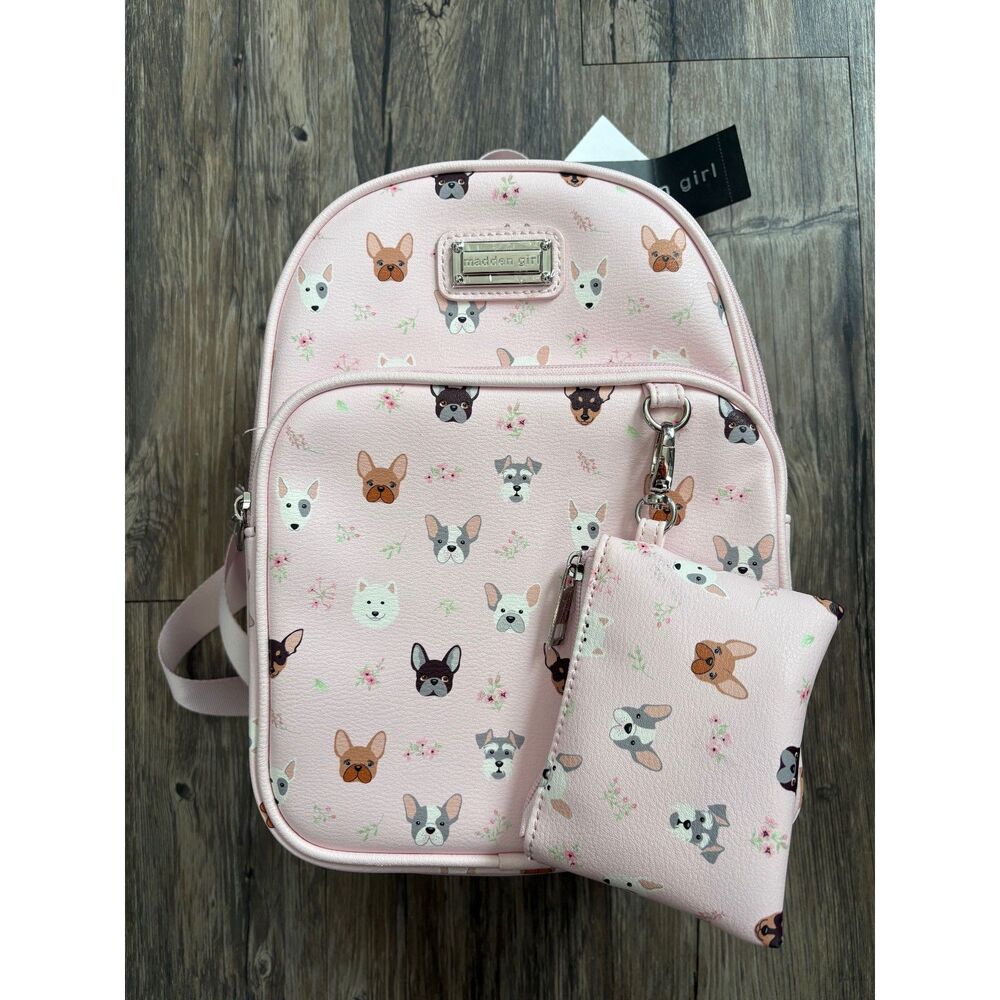 NWT Madden Girl Mini Backpack Dogs Puppies Frenchies Flowers Blush Pink